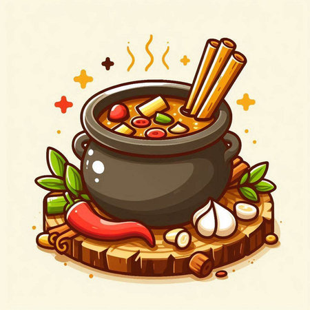 Pot of soup with vegetables and spices on a wooden board. Vector illustration.のイラスト素材
