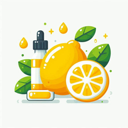 Lemon and orange essential oil in a bottle. Vector illustration.のイラスト素材
