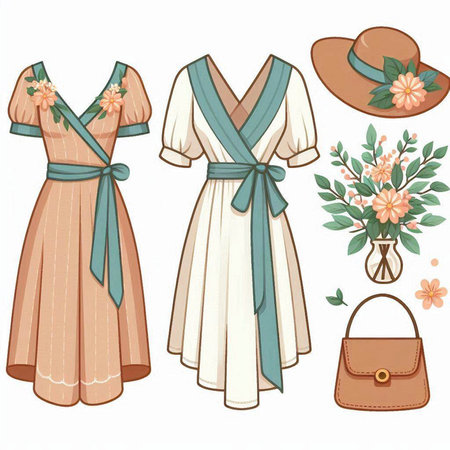 Set of women's clothes and accessories on a white background. Vector illustrationのイラスト素材