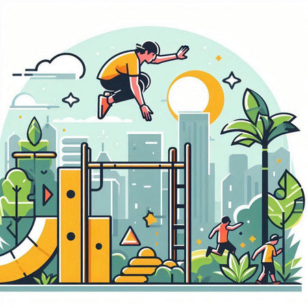 Funny vector illustration of a man jumping on a playground in the cityのイラスト素材
