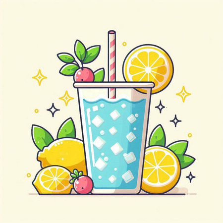 Cocktail with lemon and ice. Vector illustration in cartoon style.のイラスト素材