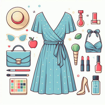 Vector set of fashion and beauty items. Dress, sunglasses, hat, bag, cosmetics, lipstick, nail polish, perfume.のイラスト素材