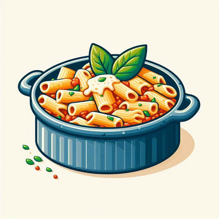 Illustration of a bowl of penne pasta with tomato sauce and basilのイラスト素材