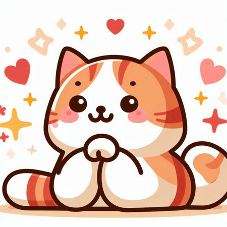 Cute cat sitting on white background with hearts. Vector illustration.のイラスト素材