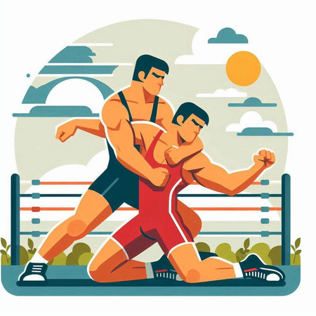 Two men are engaged in boxing on the field. Flat vector illustration.のイラスト素材