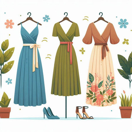 Set of women's dresses and shoes on hangers. Vector illustrationのイラスト素材