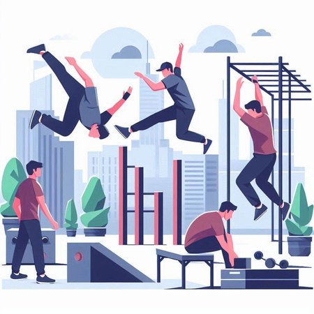 Young people jumping in the park. Vector illustration in a flat styleのイラスト素材