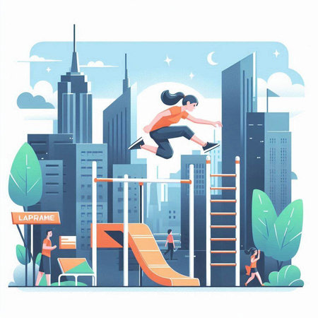 Vector illustration of a girl jumping over the obstacle in the city.のイラスト素材