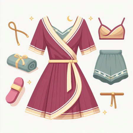 Women's clothing and accessories set. Vector illustration in flat style.のイラスト素材