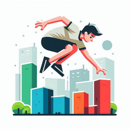Young man jumping over the city. Vector illustration in flat style.のイラスト素材