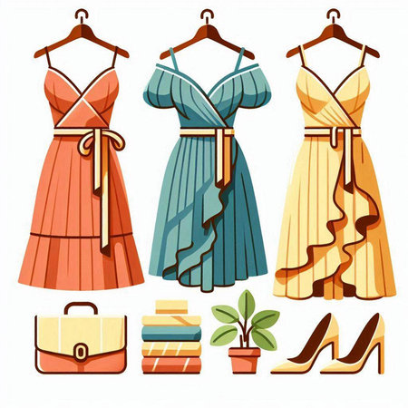 Set of woman's clothes on hangers. Vector illustration in cartoon styleのイラスト素材