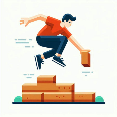 Young man jumping over a brick wall. Flat style vector illustration.のイラスト素材