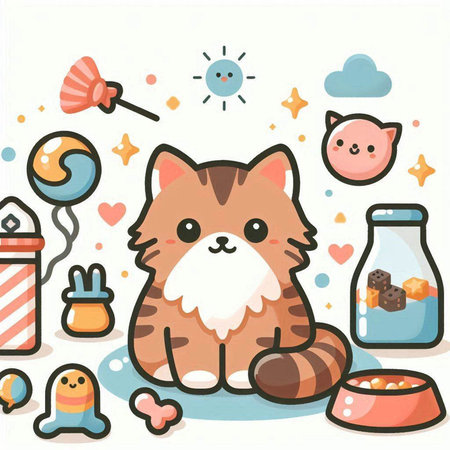 Cute cat with food and toys. Vector illustration of cartoon character.のイラスト素材