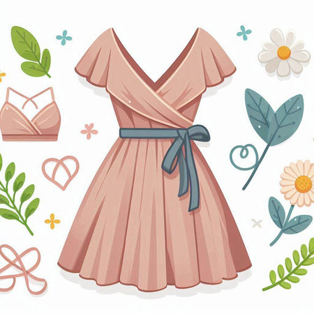 Wedding dress with flowers and leaves. Vector illustration in cartoon style.のイラスト素材