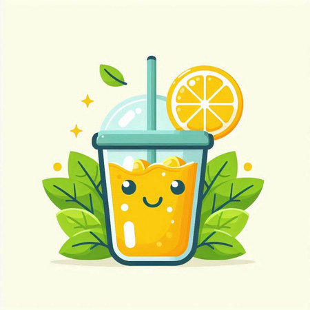 Orange juice in a glass with a straw. Vector cartoon illustration.のイラスト素材