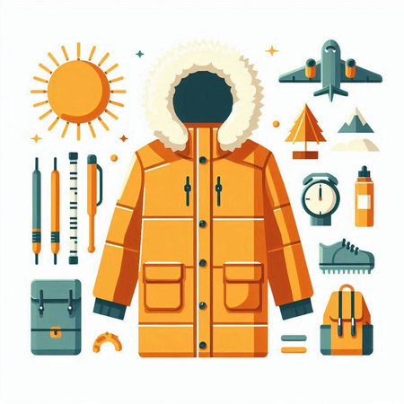 Vector illustration of a warm jacket with a hat, a scarf, a bag, a backpack, a thermometer, a flask, a backpack, a plane, a backpack, a compass, a flask, a compass, an airplane.のイラスト素材