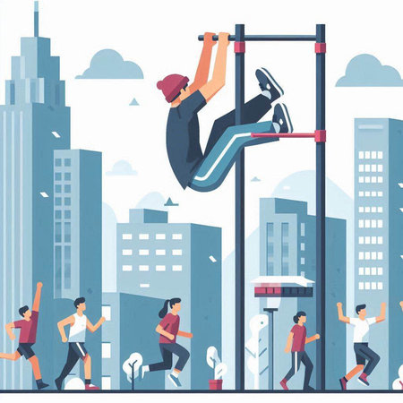 People training on parallel bars in the city. Flat vector illustration.のイラスト素材