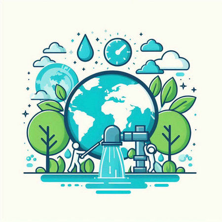 Vector illustration of Earth day concept with water pump and world map.のイラスト素材
