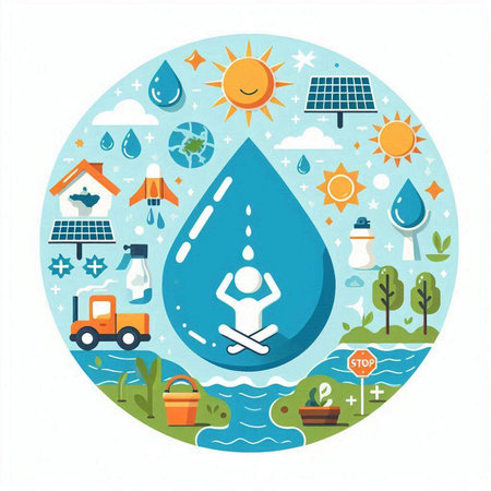 Vector illustration of clean water in flat style with icons and symbols.のイラスト素材