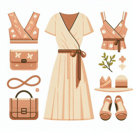 Women's clothing and accessories set. Vector illustration in flat style.のイラスト素材