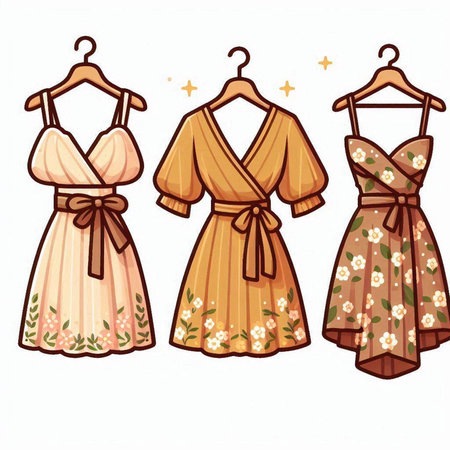 Vector set of women's dresses on hangers isolated on white backgroundのイラスト素材