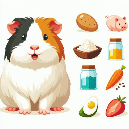 Illustration of a Cute Guinea Pig and Food Items on a White Backgroundのイラスト素材