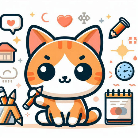 Cute kawaii cat with a paintbrush. Vector illustration.のイラスト素材