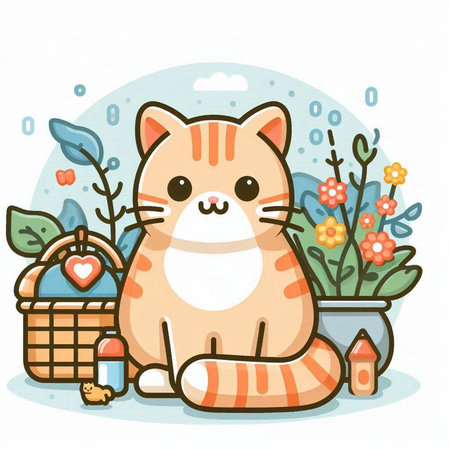 Cute cartoon cat with basket and flowers. Vector illustration in flat style.のイラスト素材