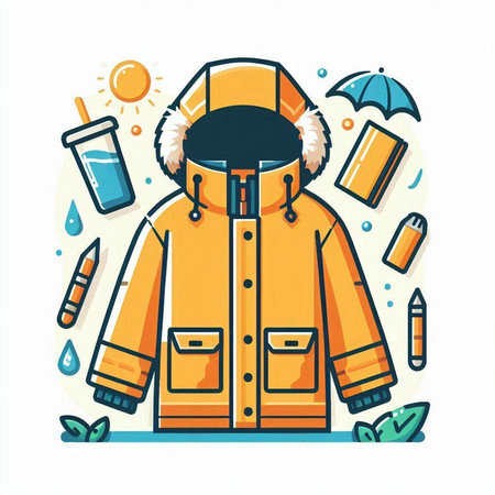 Vector illustration of a winter jacket with a hood, hat, scarf and ice cream.のイラスト素材