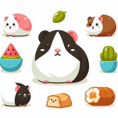 Cute cartoon hamster character with different food. Vector illustration.のイラスト素材