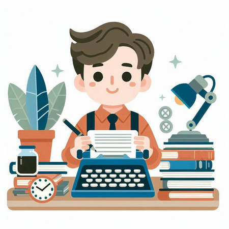 Man writing on a typewriter at his desk, vector illustration.のイラスト素材