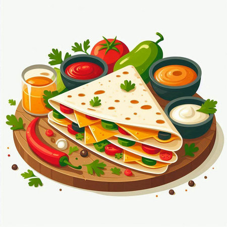 Mexican quesadilla with vegetables and sauces. Vector illustration.のイラスト素材
