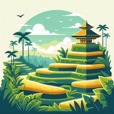 Vector illustration of rice terraces and pagoda in the jungle.のイラスト素材