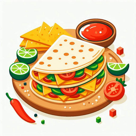 Mexican food vector illustration with tacos, guacamole, nachos and salsaのイラスト素材