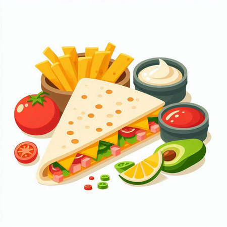 Mexican food vector illustration. Tortilla, chips, tomato, onion, cucumbernnaiseのイラスト素材