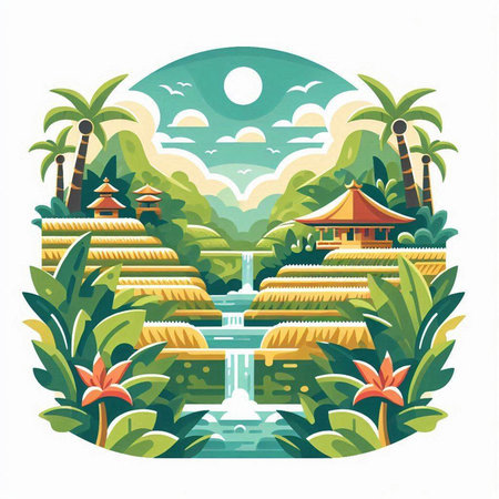 Vector illustration of a beautiful Asian landscape with palm trees and a waterfall.のイラスト素材
