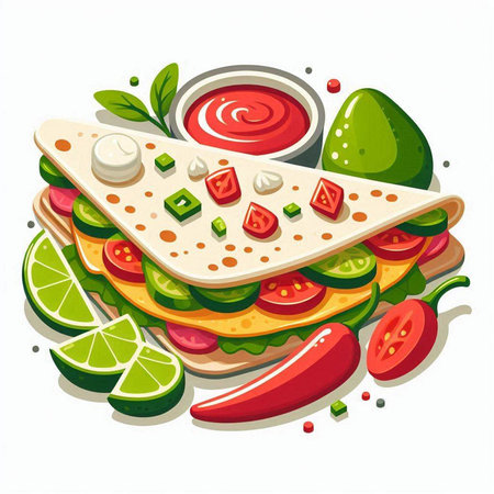 Mexican tacos with guacamole, tomato, cucumber, avocado, cheese and sauce. Vector illustrationのイラスト素材