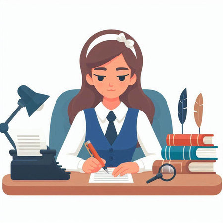 Young businesswoman sitting at desk and writing on paper. Vector illustration.のイラスト素材