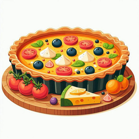 Illustration of a pie with tomatoes, olives and cheese on a white backgroundのイラスト素材