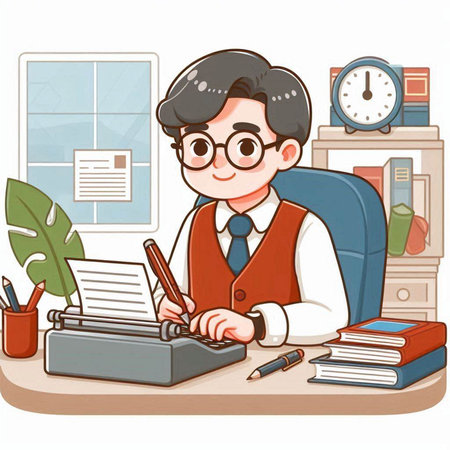 Businessman working with typewriter at his desk. Vector illustration.のイラスト素材