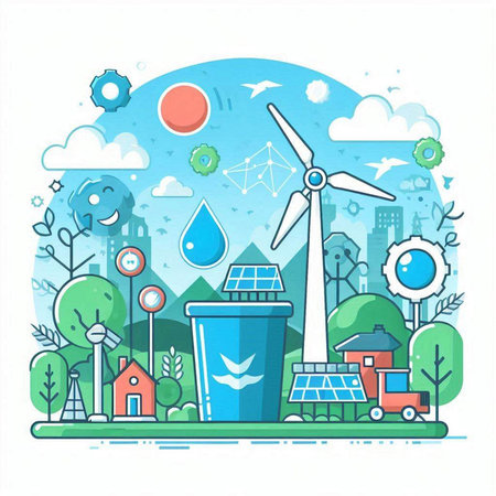 Ecology and environment concept. Vector illustration of green city with windmills, solar panels, garbage bin, car, house, trees, wind turbine, trash can, recycling symbol.のイラスト素材