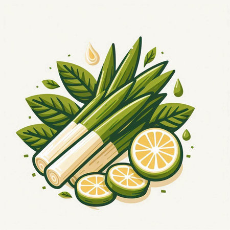 Sliced lemongrass with leaves and lemon. Vector illustration.のイラスト素材