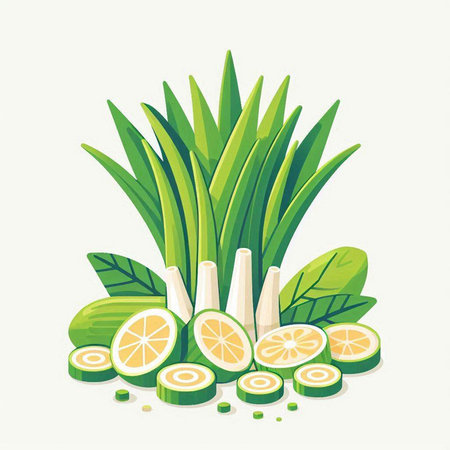 Lemon and lime vector illustration. Lemon slice and green leaves on white background.のイラスト素材