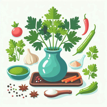 Spices and herbs in a ceramic vase. Vector illustration.のイラスト素材