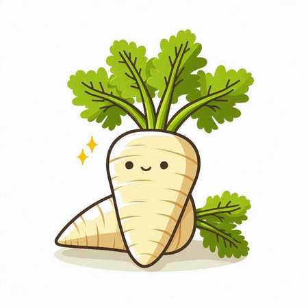 Cartoon radish with green leaves isolated on white background. Vector illustration.のイラスト素材