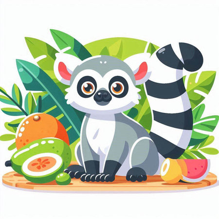 Cute lemur with tropical fruits. Vector illustration in cartoon styleのイラスト素材