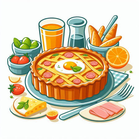 Vector illustration of a tasty pie with eggs, bacon, tomatoes, cheese, orange juice and breadのイラスト素材