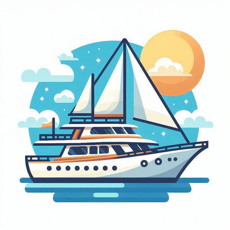 Yacht in the sea. Vector illustration in flat cartoon style.のイラスト素材