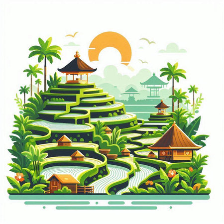 Landscape of rice terraces in flat style. Vector illustration.のイラスト素材