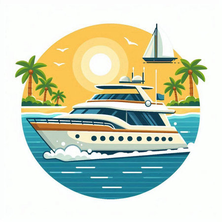 Yacht on the seashore. Vector illustration in flat styleのイラスト素材